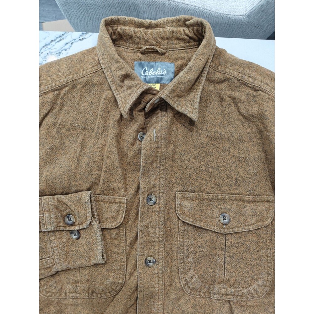 Vintage Cabelas Men Button Front Shirt Brown Cork Long Sleeve Flap Pockets Large